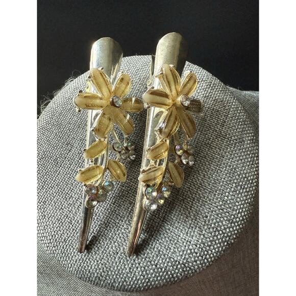 Vtg Rhinestone Hair Clips Set Flower Acrylic Yellow Fairycore Coquette Whimsy - Picture 1 of 3